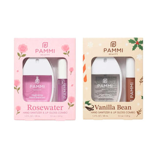 PAMMI Hand Sanitizer Spray with Lip Gloss 4 Pack – Quick Dry Formula, Travel Size Mini Hand Sanitizer, Pocket Friendly, Car Use (2 Pack (Vanilla Beans + Rosewater))