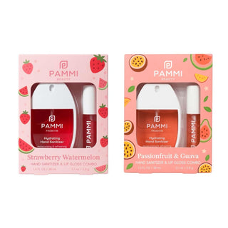 PAMMI Hand Sanitizer Spray with Lip Gloss 4 Pack – Quick Dry Formula, Travel Size Mini Hand Sanitizer, Pocket Friendly, Car Use (2 Pack (Strawberry Watermelon + Guava))