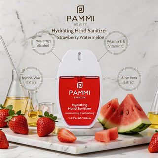 PAMMI Hand Sanitizer Spray with Lip Gloss 4 Pack – Quick Dry Formula, Travel Size Mini Hand Sanitizer, Pocket Friendly, Car Use (2 Pack and 4 Pack (Vanilla + Watermelon + Guava + Rosewater)