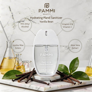PAMMI Hand Sanitizer Spray with Lip Gloss 4 Pack – Quick Dry Formula, Travel Size Mini Hand Sanitizer, Pocket Friendly, Car Use (2 Pack (Vanilla Beans + Rosewater))
