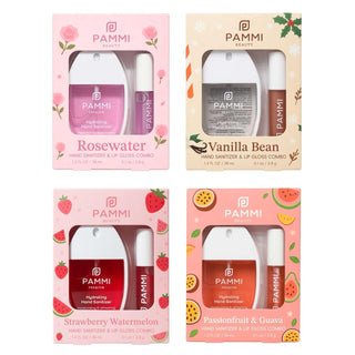 PAMMI Hand Sanitizer Spray with Lip Gloss 4 Pack – Quick Dry Formula, Travel Size Mini Hand Sanitizer, Pocket Friendly, Car Use (2 Pack and 4 Pack (Vanilla + Watermelon + Guava + Rosewater)