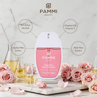 PAMMI Hand Sanitizer Spray with Lip Gloss 4 Pack – Quick Dry Formula, Travel Size Mini Hand Sanitizer, Pocket Friendly, Car Use (2 Pack and 4 Pack (Vanilla + Watermelon + Guava + Rosewater)